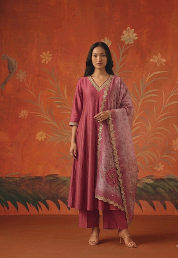 Pure Muslin A Line Three Piece Dupatta Set