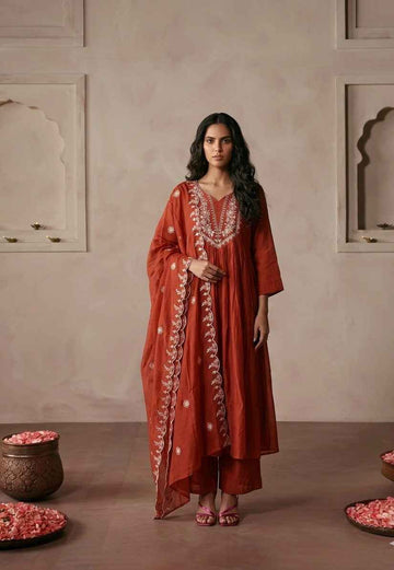 Premium Mul  Chanderi Silk A Line Three Piece Dupatta Set FW003