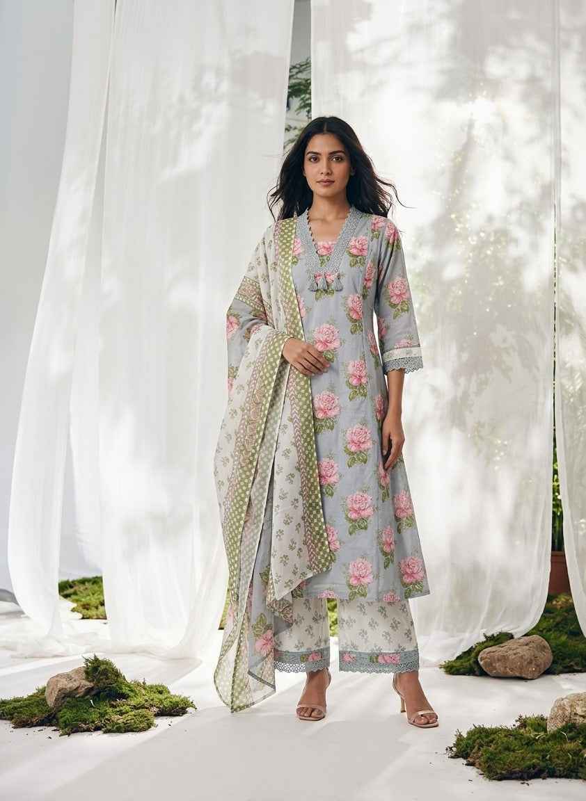 Pure Cotton A Line Floral Print Anarkali Dupatta Set With Palazzo  CS0221
