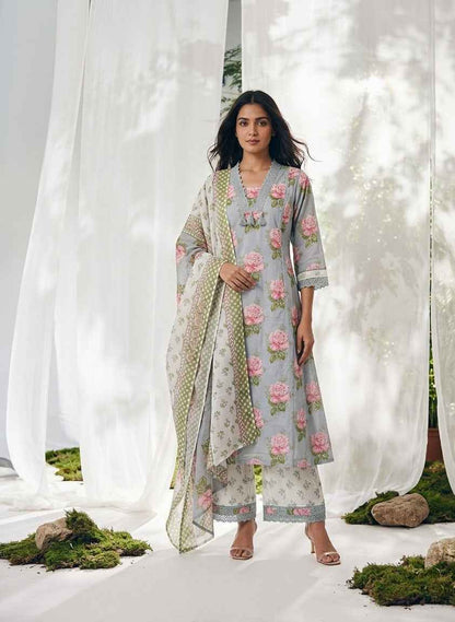 Pure Cotton A Line Floral Print Anarkali Dupatta Set With Palazzo  CS0221