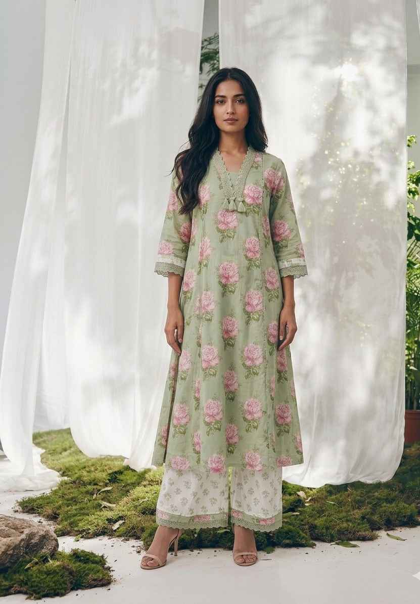 Pure Cotton A Line Floral Print Anarkali Dupatta Set With Palazzo  CS0221
