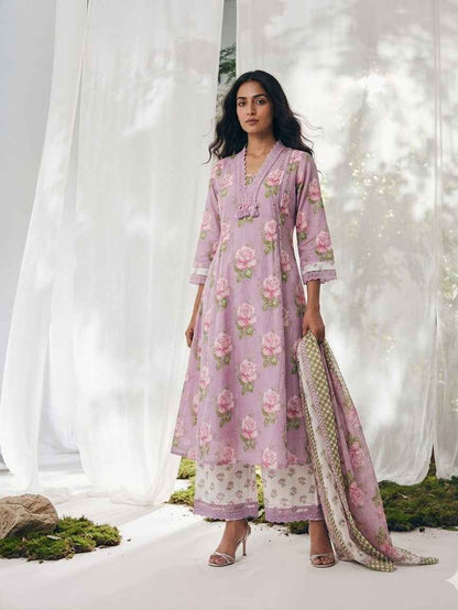Pure Cotton A Line Floral Print Anarkali Dupatta Set With Palazzo  CS0221