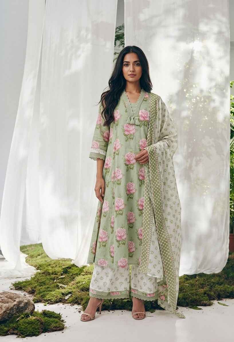 Pure Cotton A Line Floral Print Anarkali Dupatta Set With Palazzo  CS0221