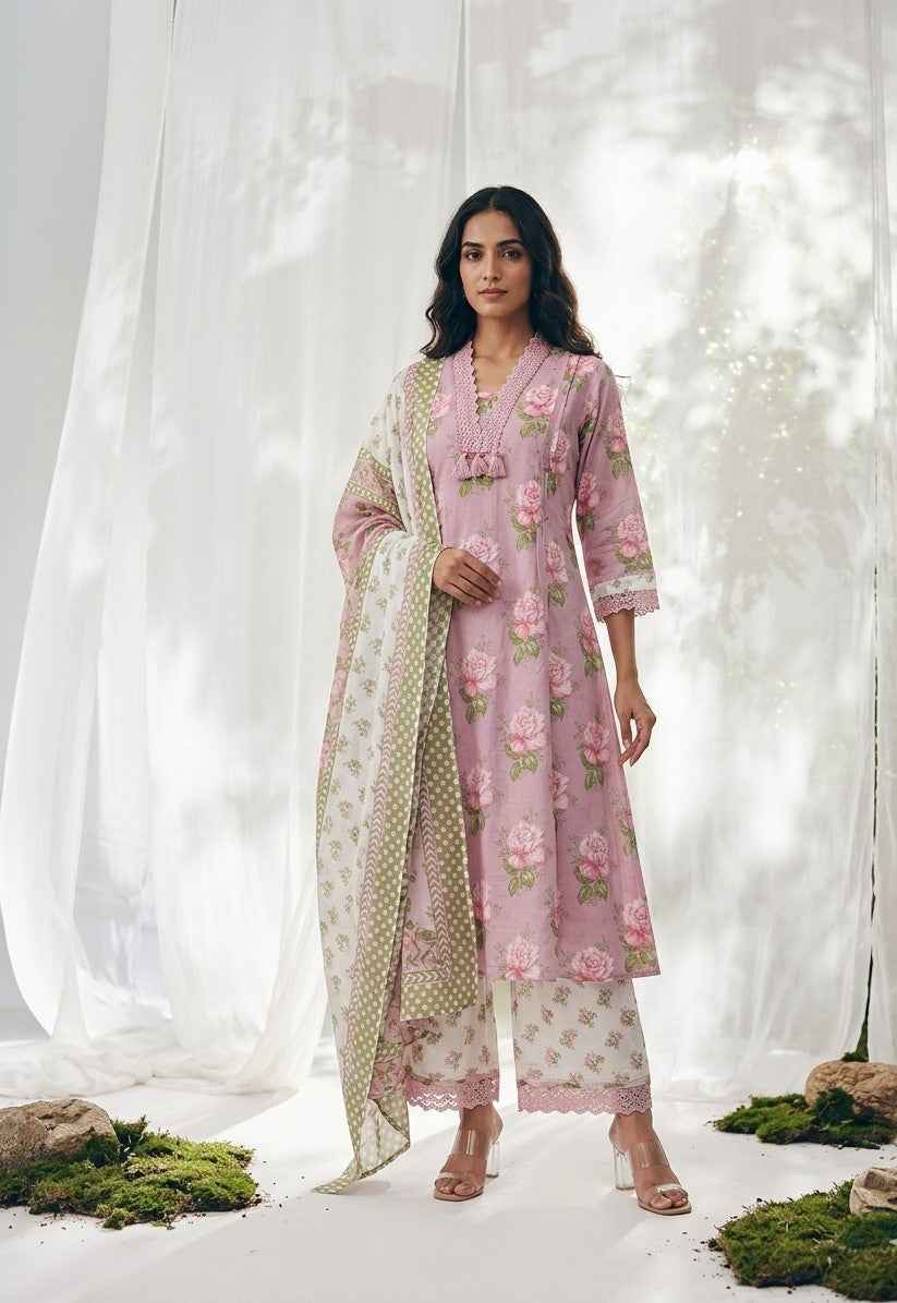 Pure Cotton A Line Floral Print Anarkali Dupatta Set With Palazzo  CS0221