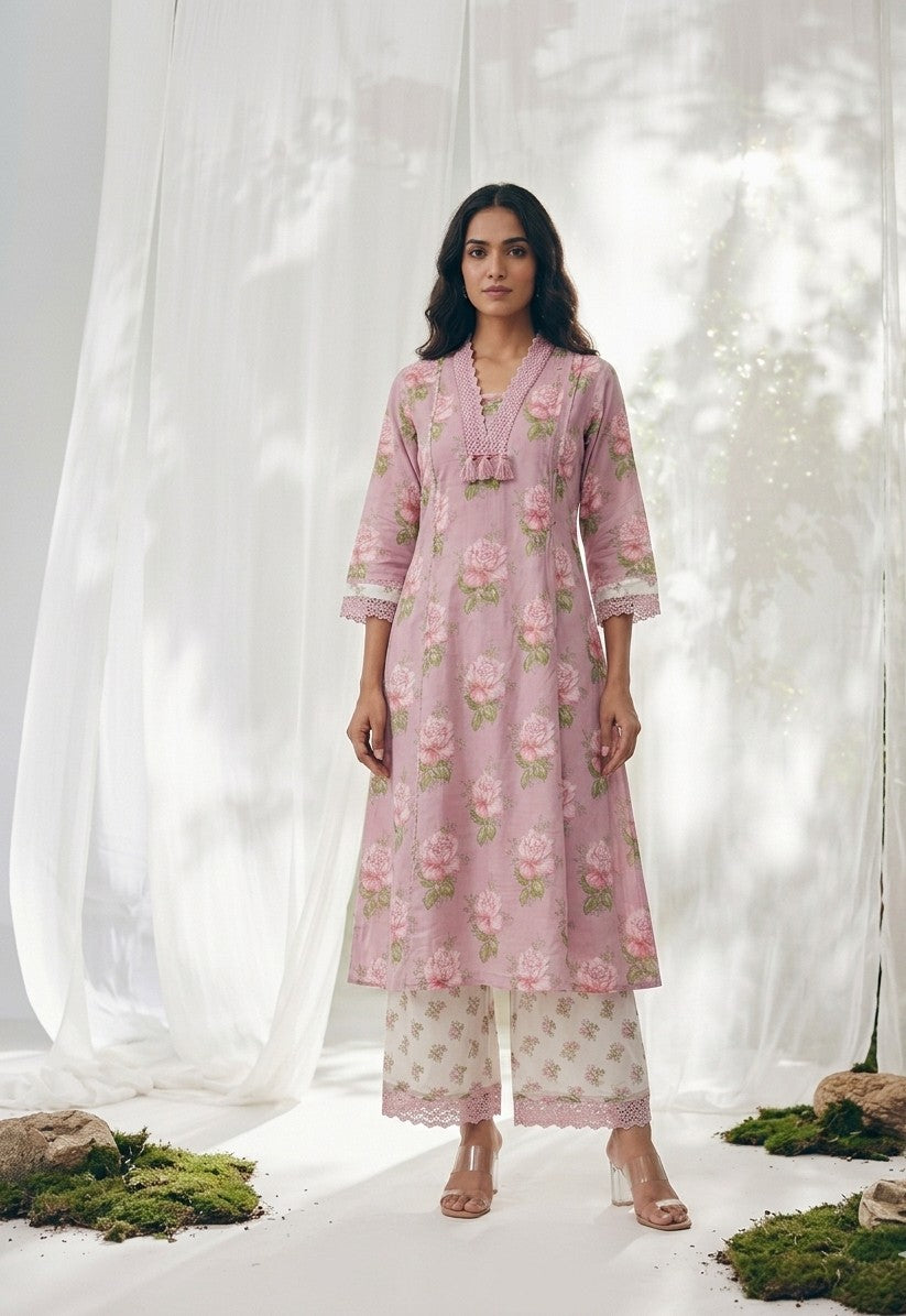 Pure Cotton A Line Floral Print Anarkali Dupatta Set With Palazzo  CS0221