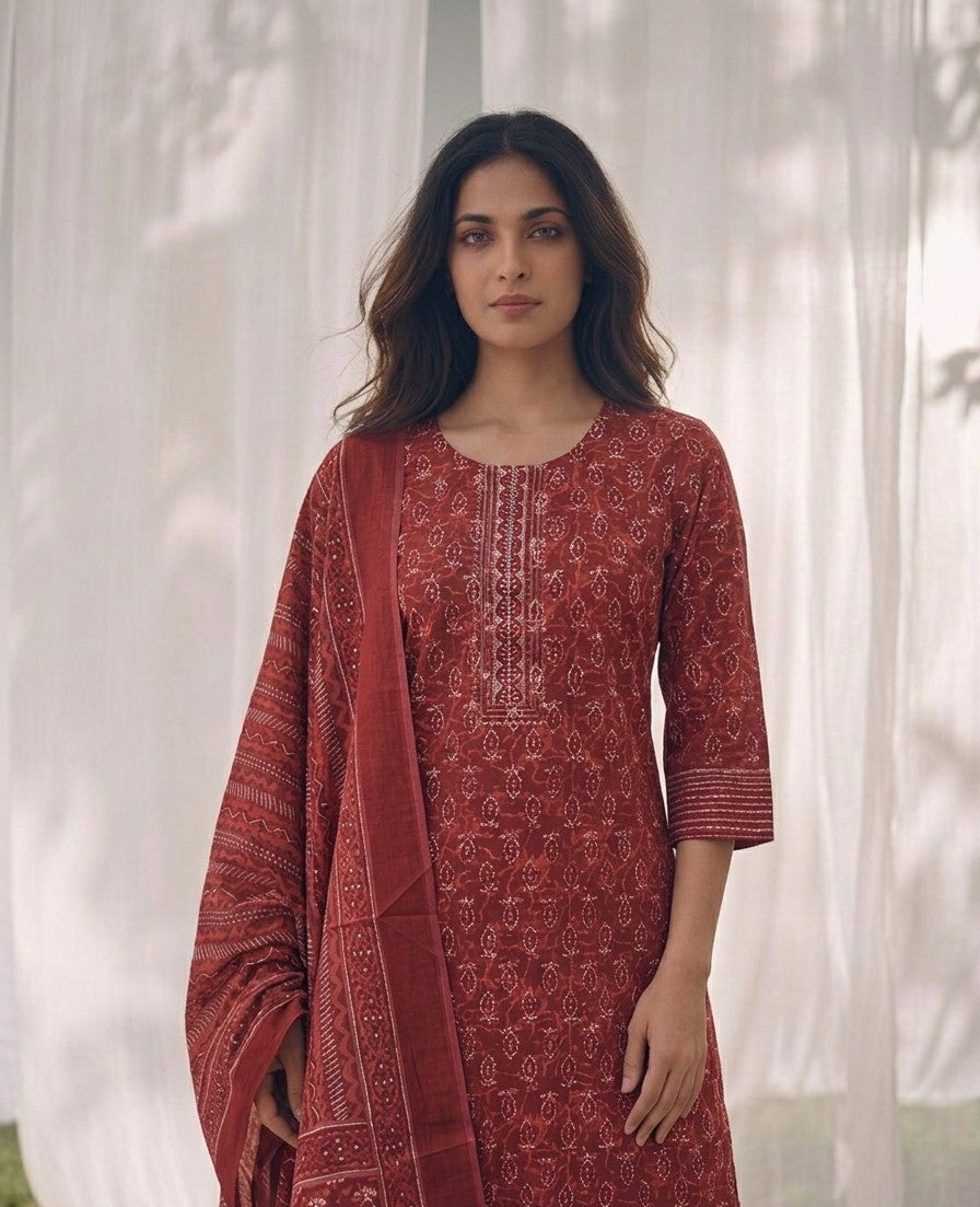 Pure Cotton Three Piece Dupatta Set LSS042