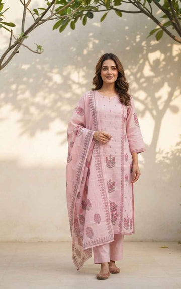 Pure Chanderi With Embroidery Dupatta Set