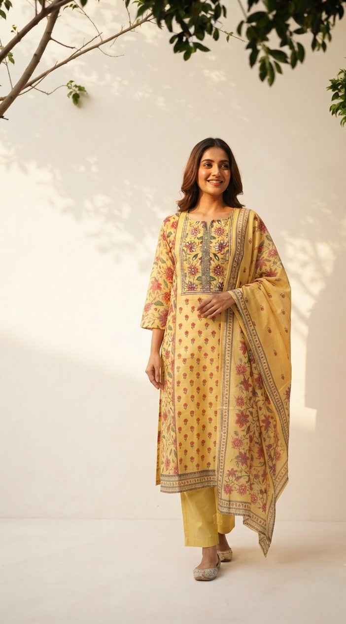 Pure Chanderi With Embroidery Dupatta Set