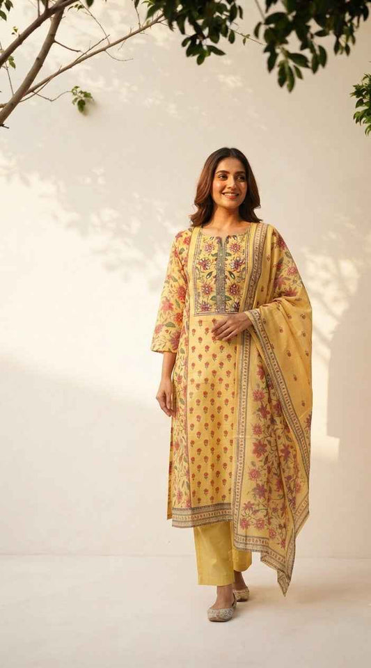 Pure Chanderi With Embroidery Dupatta Set