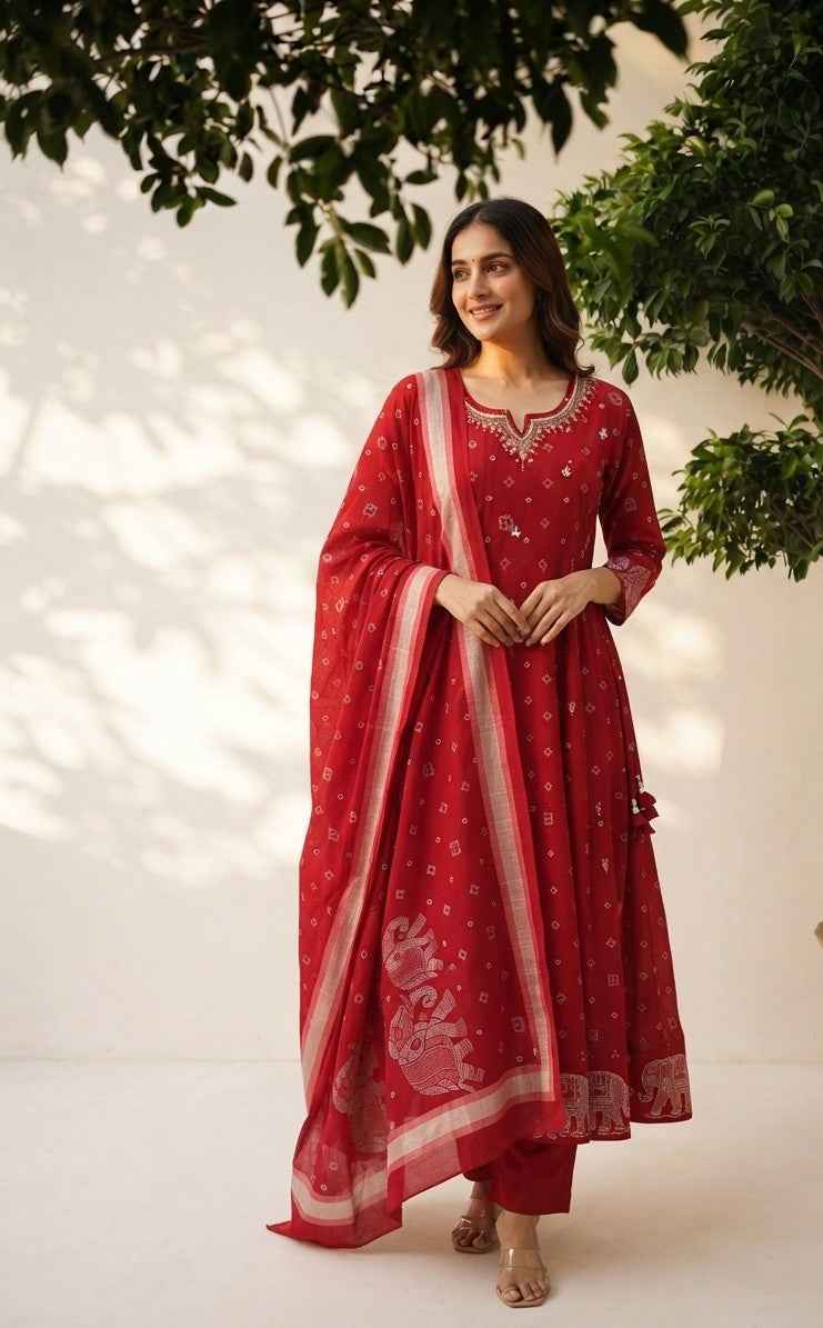 Pure Cotton Bandhej A Line Dupatta Set With Inner