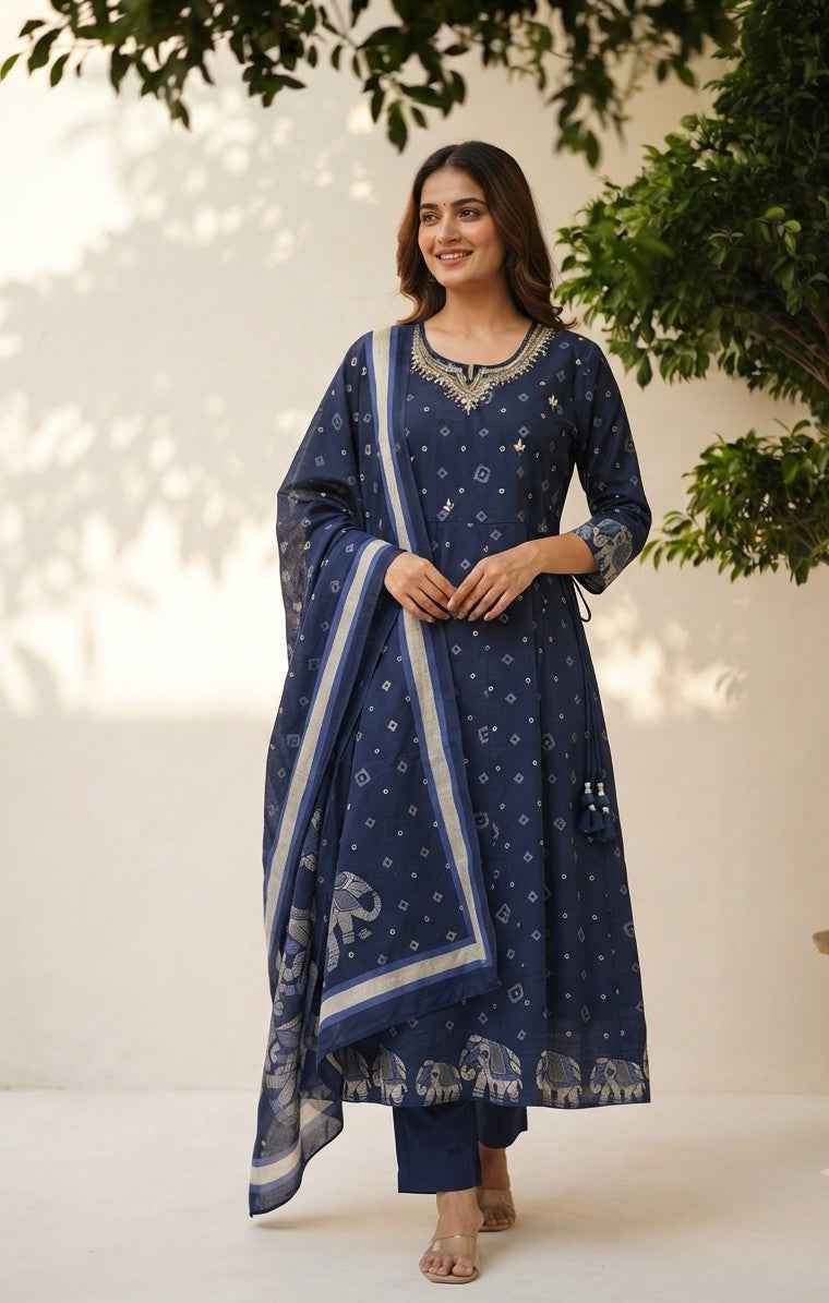 Pure Cotton Bandhej A Line Dupatta Set With Inner