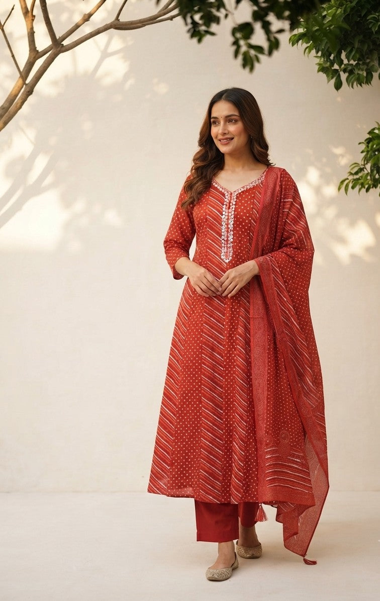 Premium Mul Cotton Lehriya Dupatta Set With Inner MC036