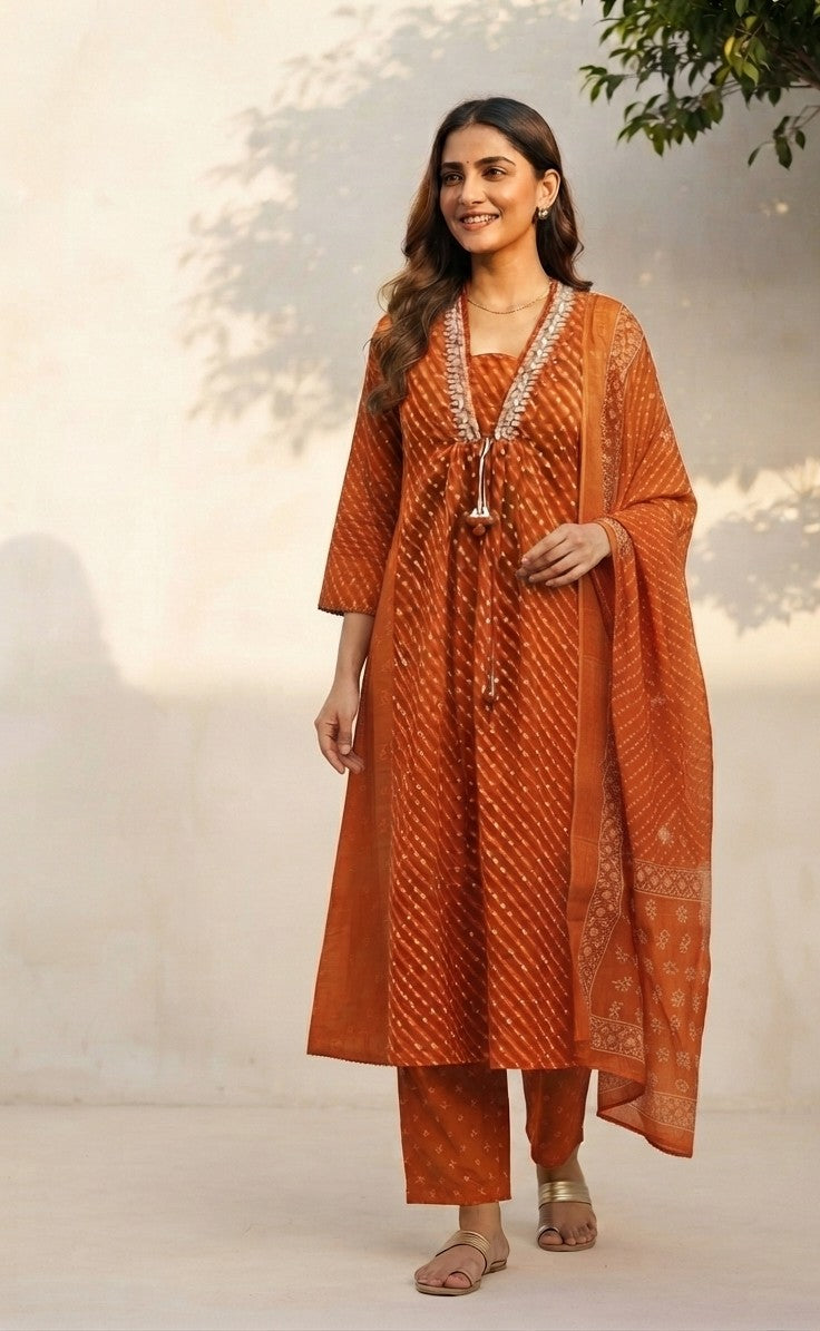 Pure Cotton A Line Dupatta Set With Lehriya Print CS0279