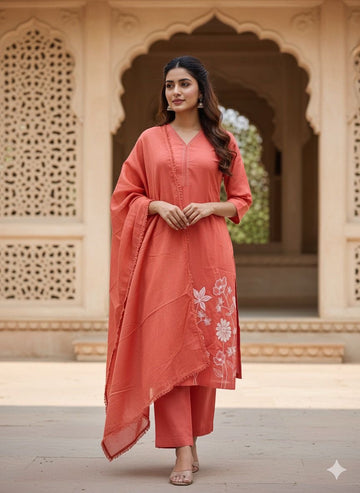 Pure Cotton Solid Base Embroidered Dupatta Set  CS092