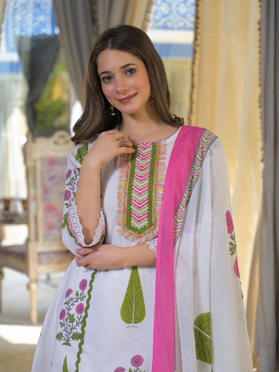 Premium Cotton Short Length Floral  Print Dupatta Set With Palazzo CS0110