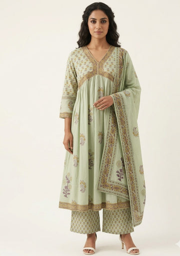 Elegant Pure Cotton A - Line Alia Cut Kurta Set With Dupatta Set CS0263