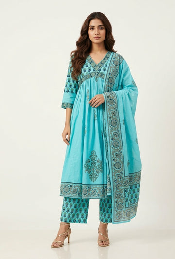 Elegant Pure Cotton A - Line Alia Cut Kurta Set With Dupatta Set CS0264