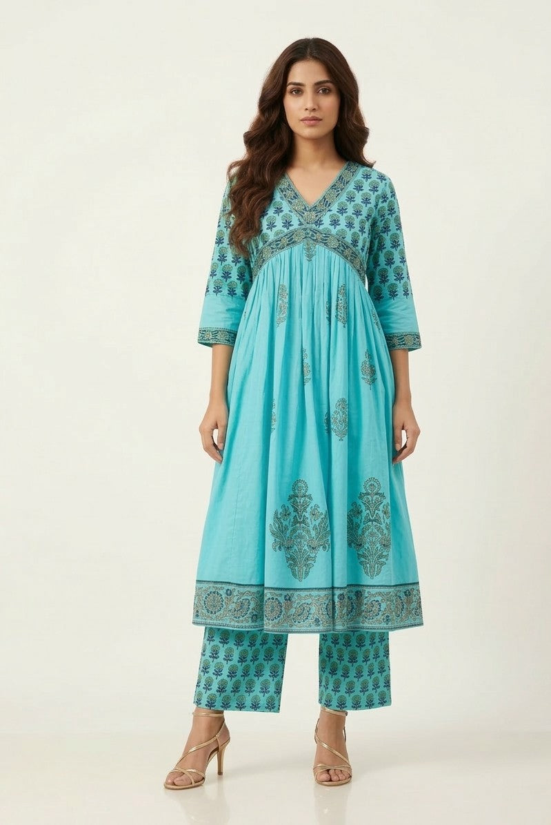 Elegant Pure Cotton A - Line Alia Cut Kurta Set With Dupatta Set CS0264