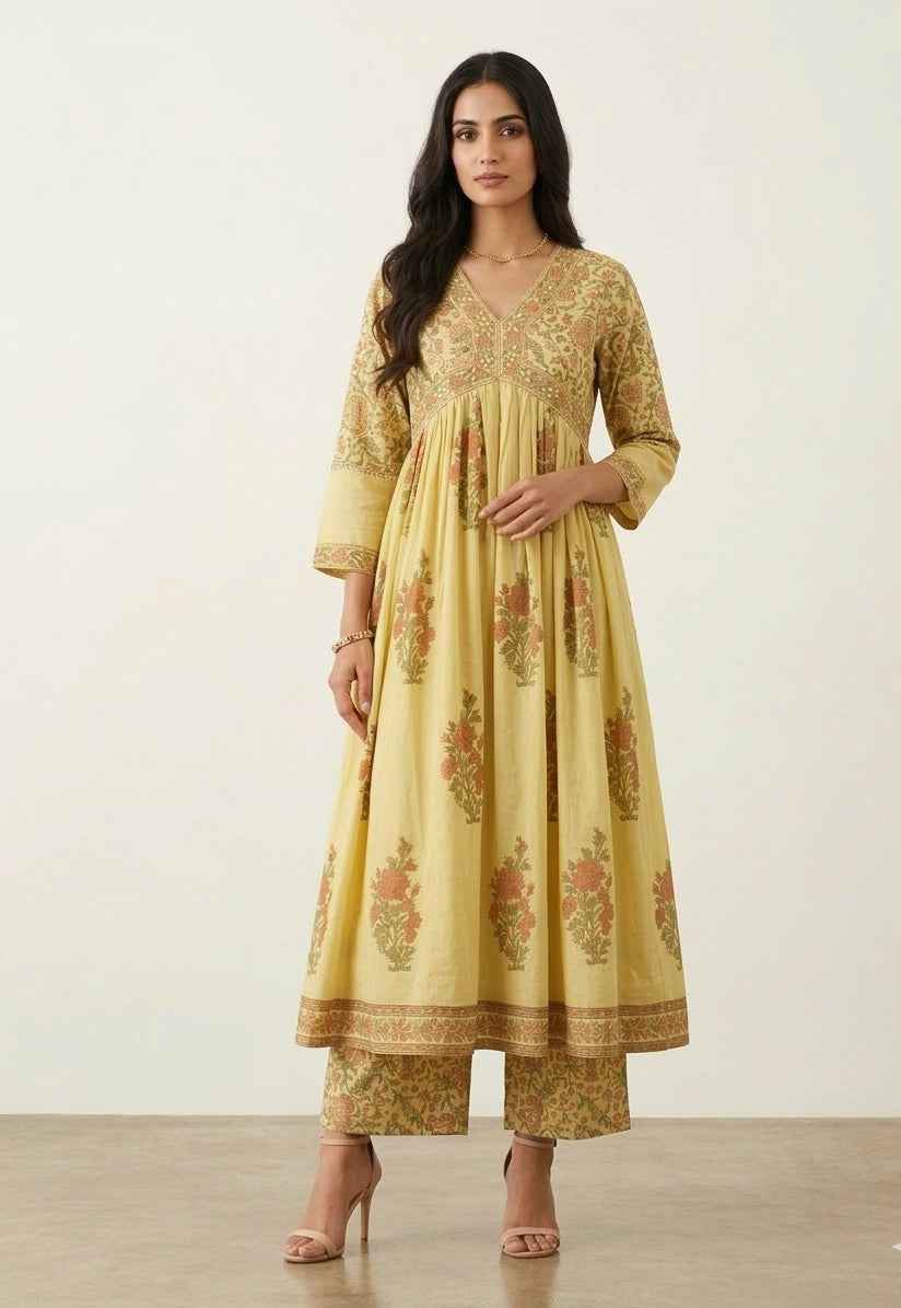 Elegant Pure Cotton A - Line Alia Cut Kurta Set With Dupatta Set  CS0261