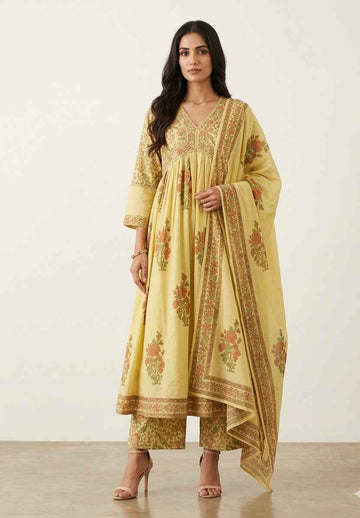 Elegant Pure Cotton A - Line Alia Cut Kurta Set With Dupatta Set  CS0261