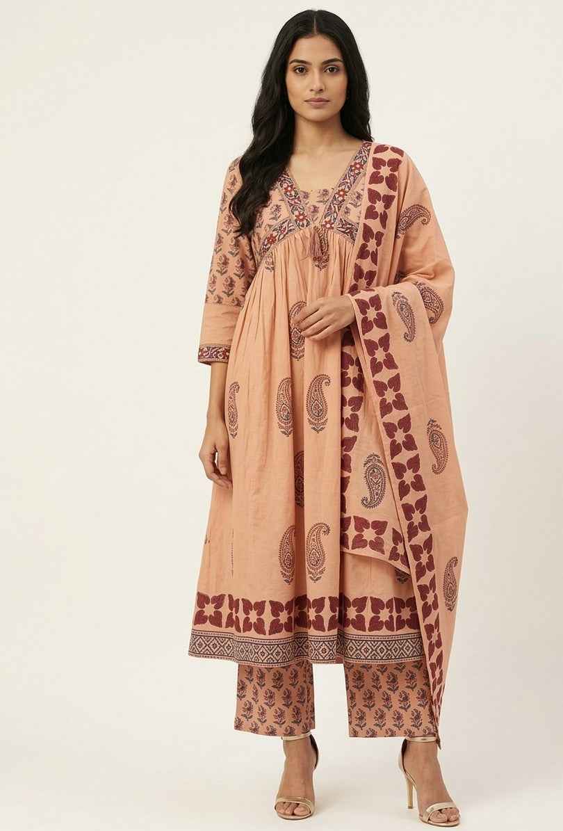 Elegant Pure Cotton A - Line Alia Cut Kurta Set With Dupatta Set CS0262