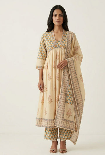 Elegant Pure Cotton A - Line Alia Cut Kurta Set With Dupatta Set CS0265