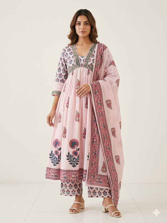 Elegant Pure Cotton A - Line Alia Cut Kurta Set With Dupatta Set CS0266
