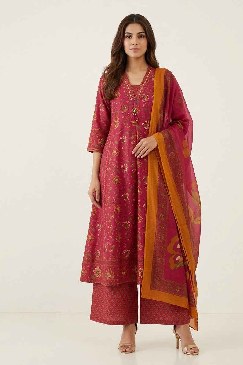 Pure Cotton A Line  Floral Print Dupatta Set CS0270