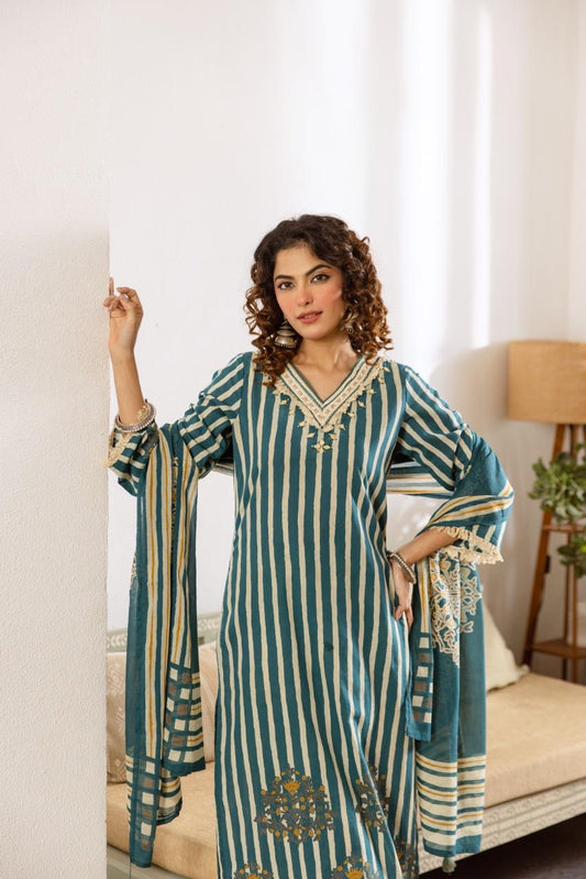 Cotton Stripes Print Dupatta Set CS0382