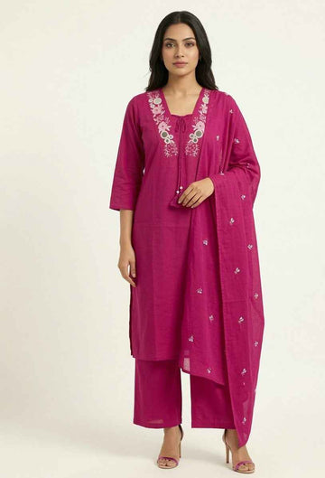 Premium Cotton Solid Base With Neck Embroidery Dupatta Set CS0276