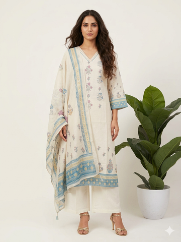 Pure Linen Three Piece Dupatta Set With Lining LN001