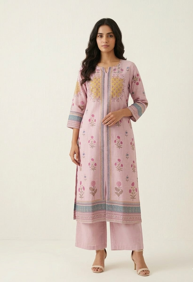 Pure Pink Linen Three Piece Dupatta Set With Lining LN002