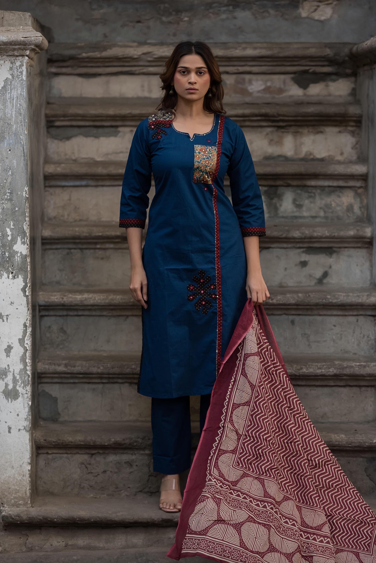 Premium Cotton Appliqué Work With Kota Doriya Dupatta Set CS0155