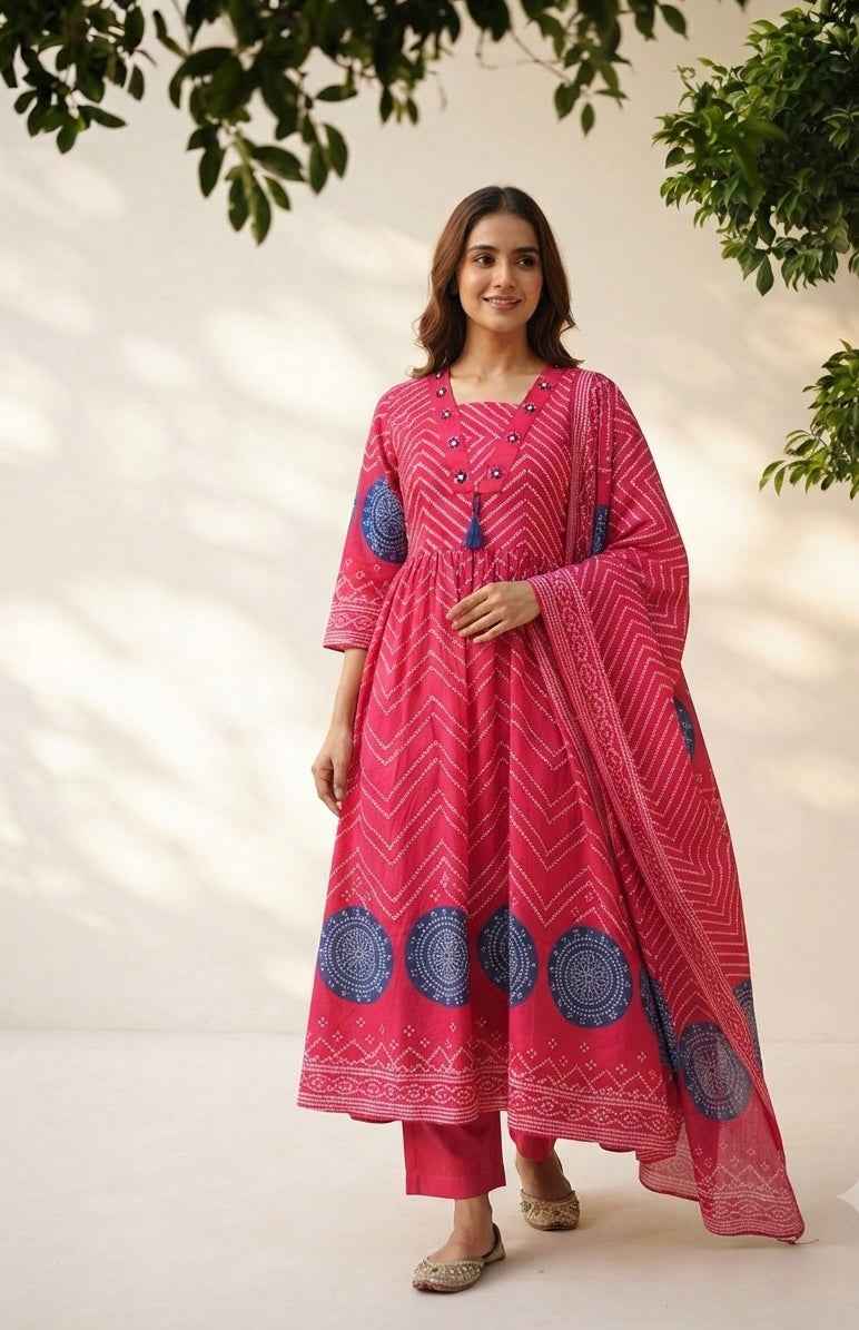 Pure Cotton Anarkali Dupatta Set With Bandhaej Print