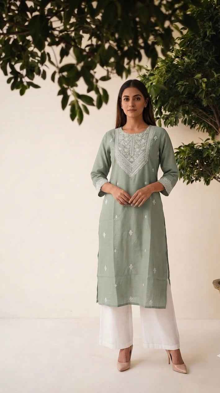 Pure Muslin Single Kurta With Embroidery