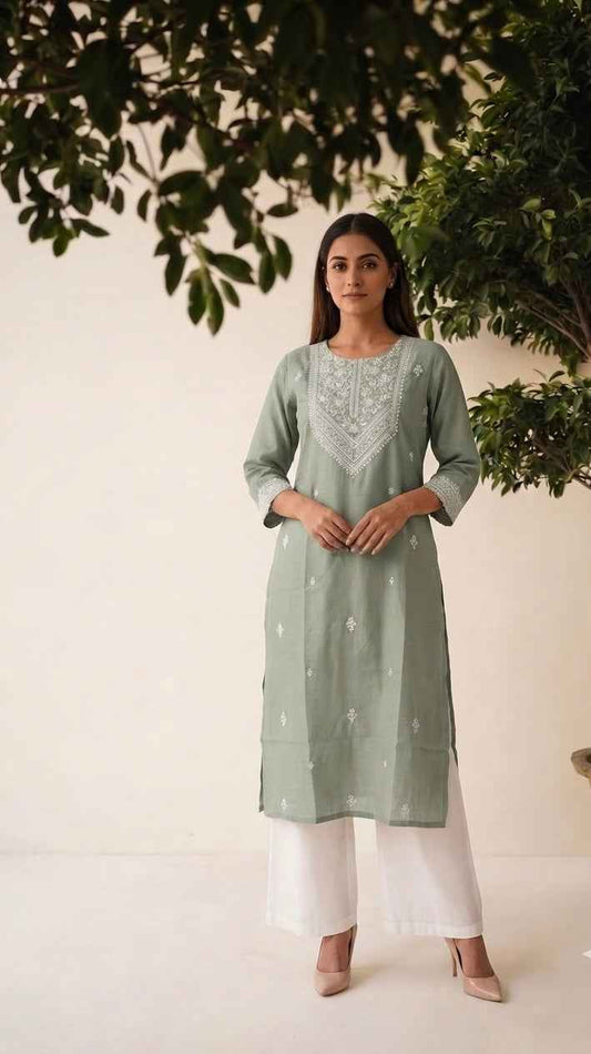 Pure Muslin Single Kurta With Embroidery