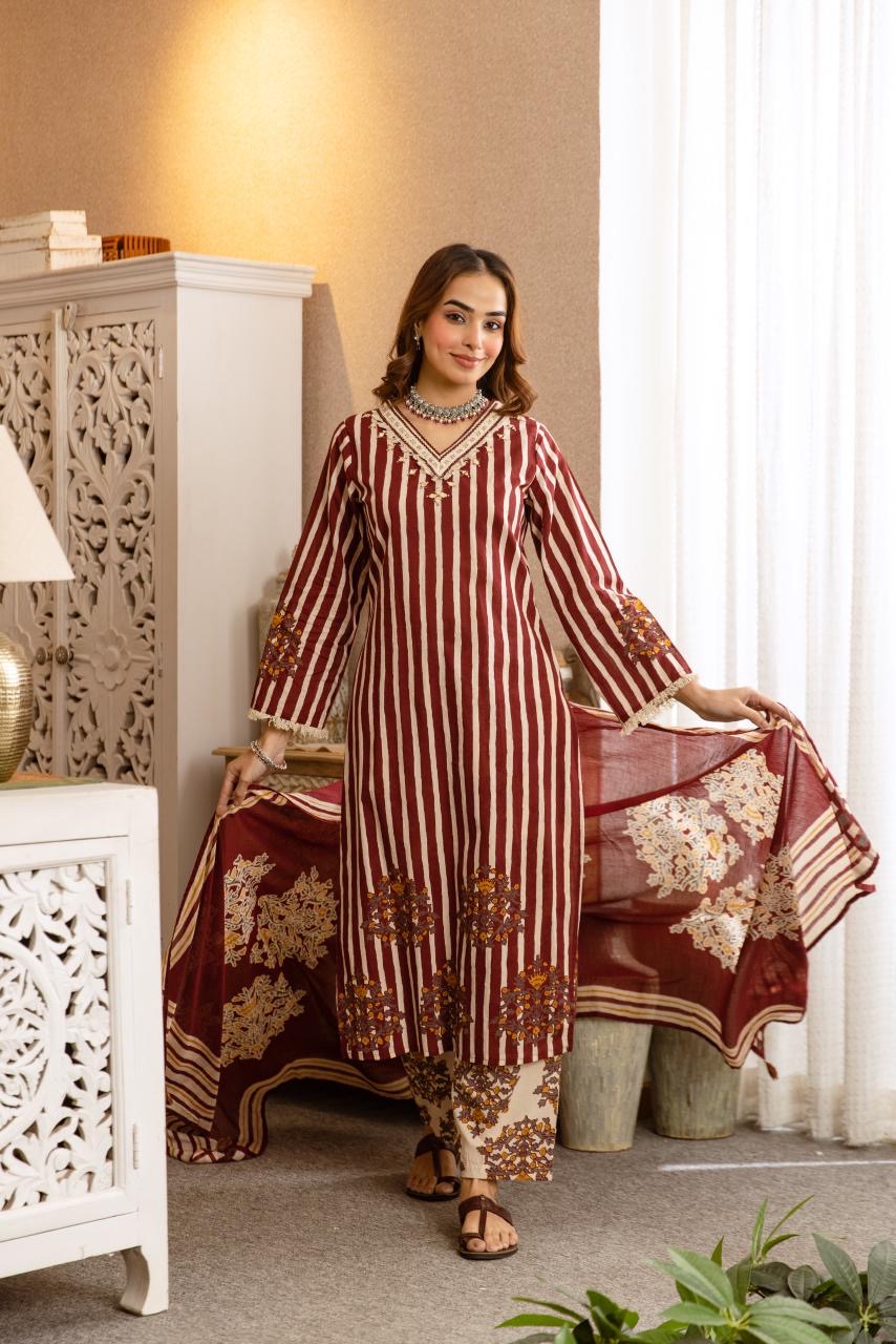 Cotton Stripes Print Dupatta Set CS0382