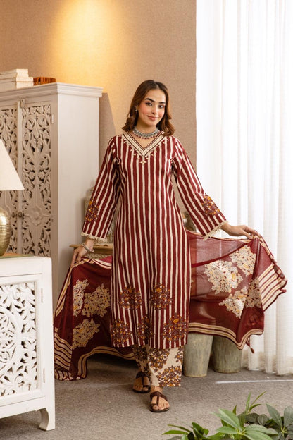 Cotton Stripes Print Dupatta Set CS0382