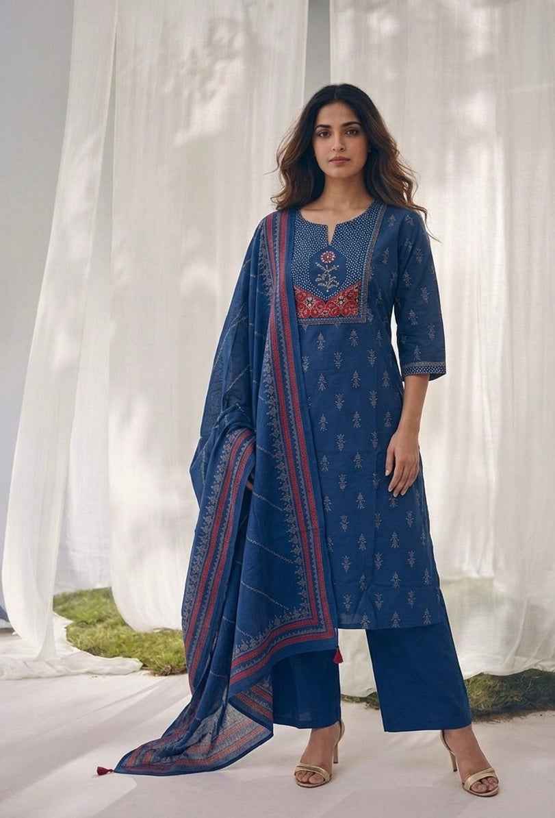 Pure Cotton Three Piece Dupatta  Set With Embroidery