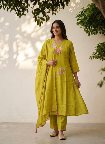 A Line Dupatta Set In Silk Fabric