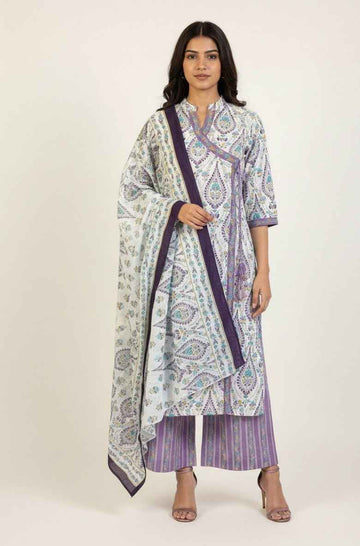 Three Piece Pure Cotton Angrakha Style Dupatta Se