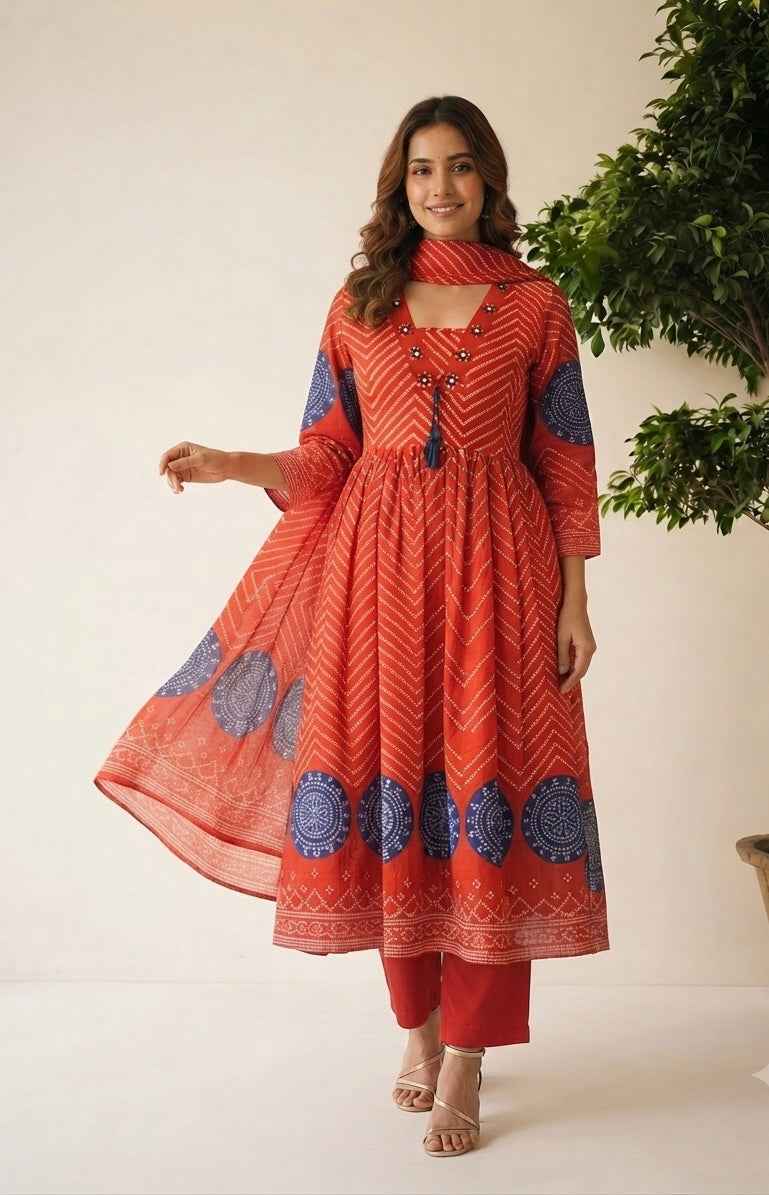 Pure Cotton Anarkali Dupatta Set With Bandhaej Print