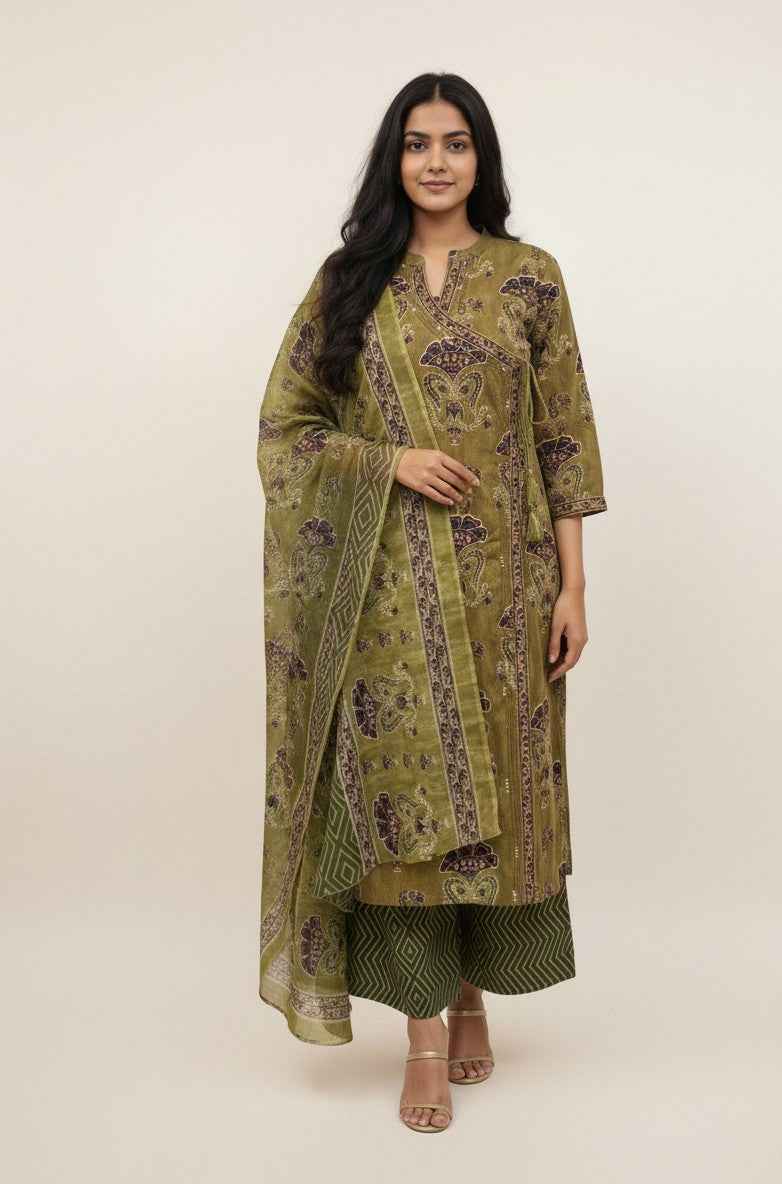 Three Piece Pure Cotton Angrakha Style Dupatta Se