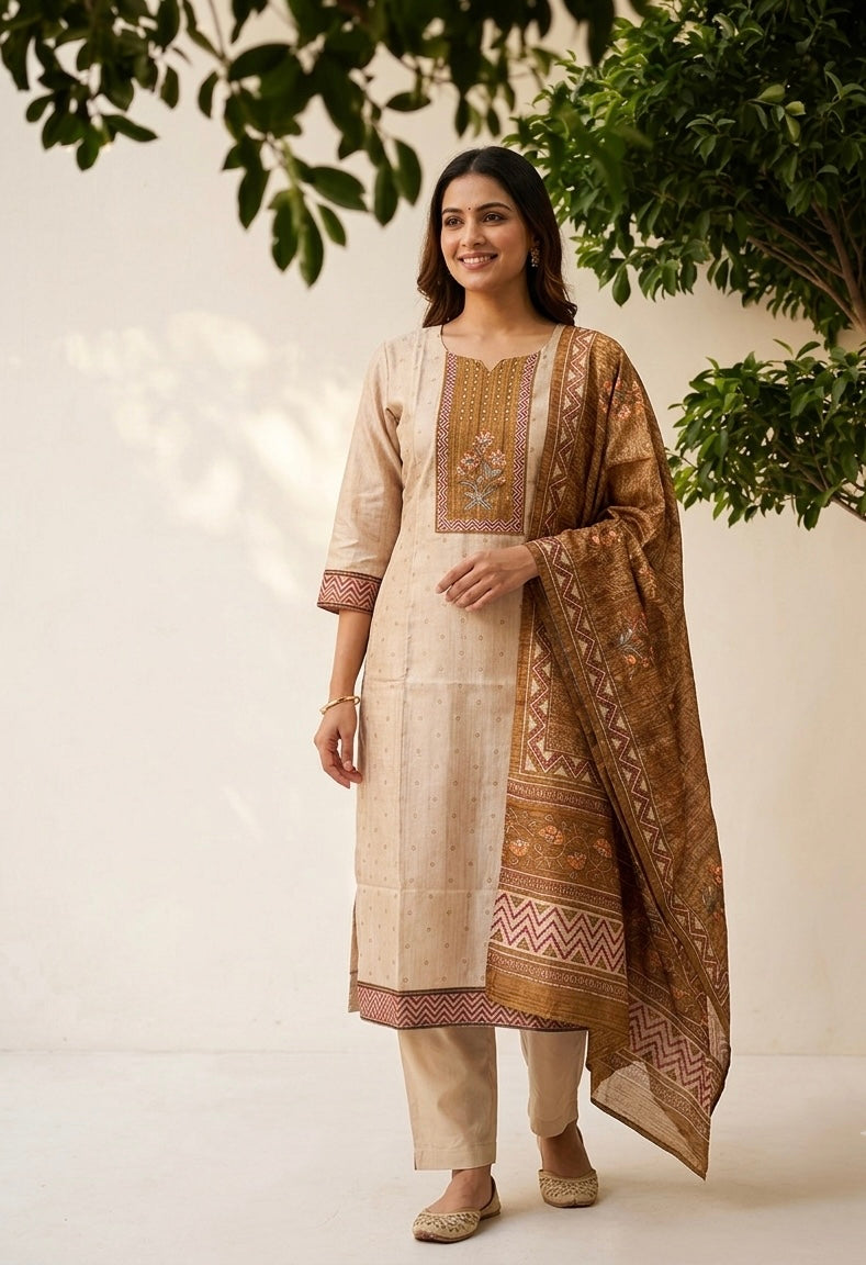 Chanderi Suit With Printed Dupatta Set CHS032