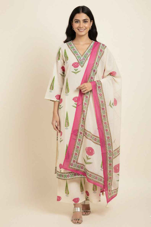Pure Cotton Three Piece Dupatta Set With Palazzo