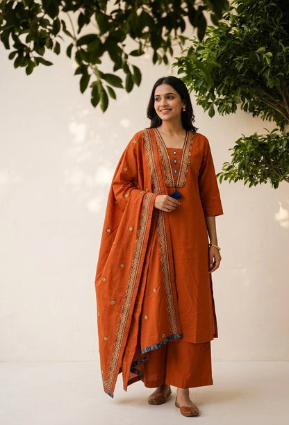 Premium Dabu Cotton Solid Base With Printed Dupatta Set COS330