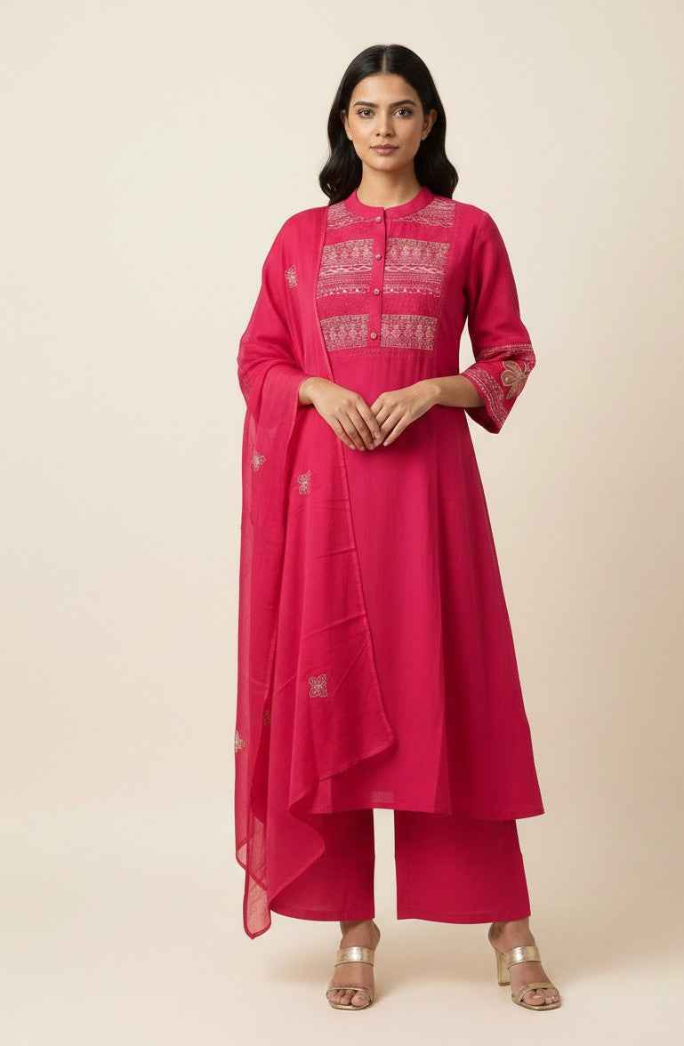 Pure Cotton A Line Three Piece Dupatta Set