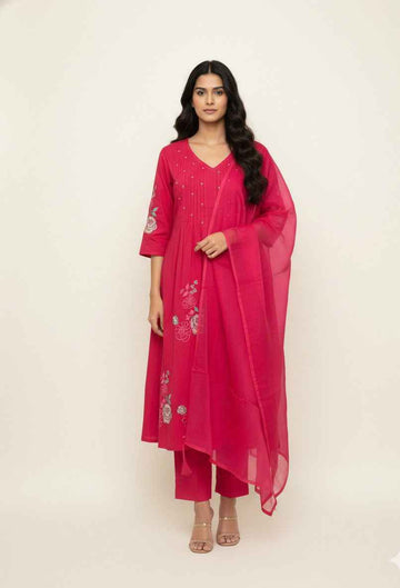 Pure Cotton A Line Three Piece Dupatta Set