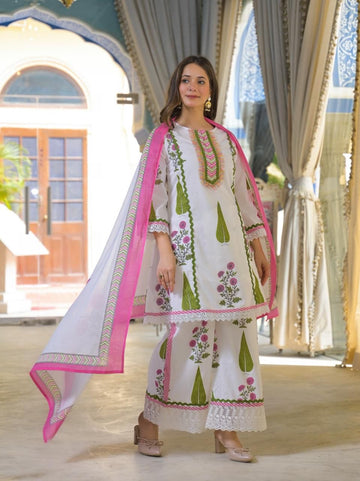 Premium Cotton Short Length Floral  Print Dupatta Set With Palazzo CS0110