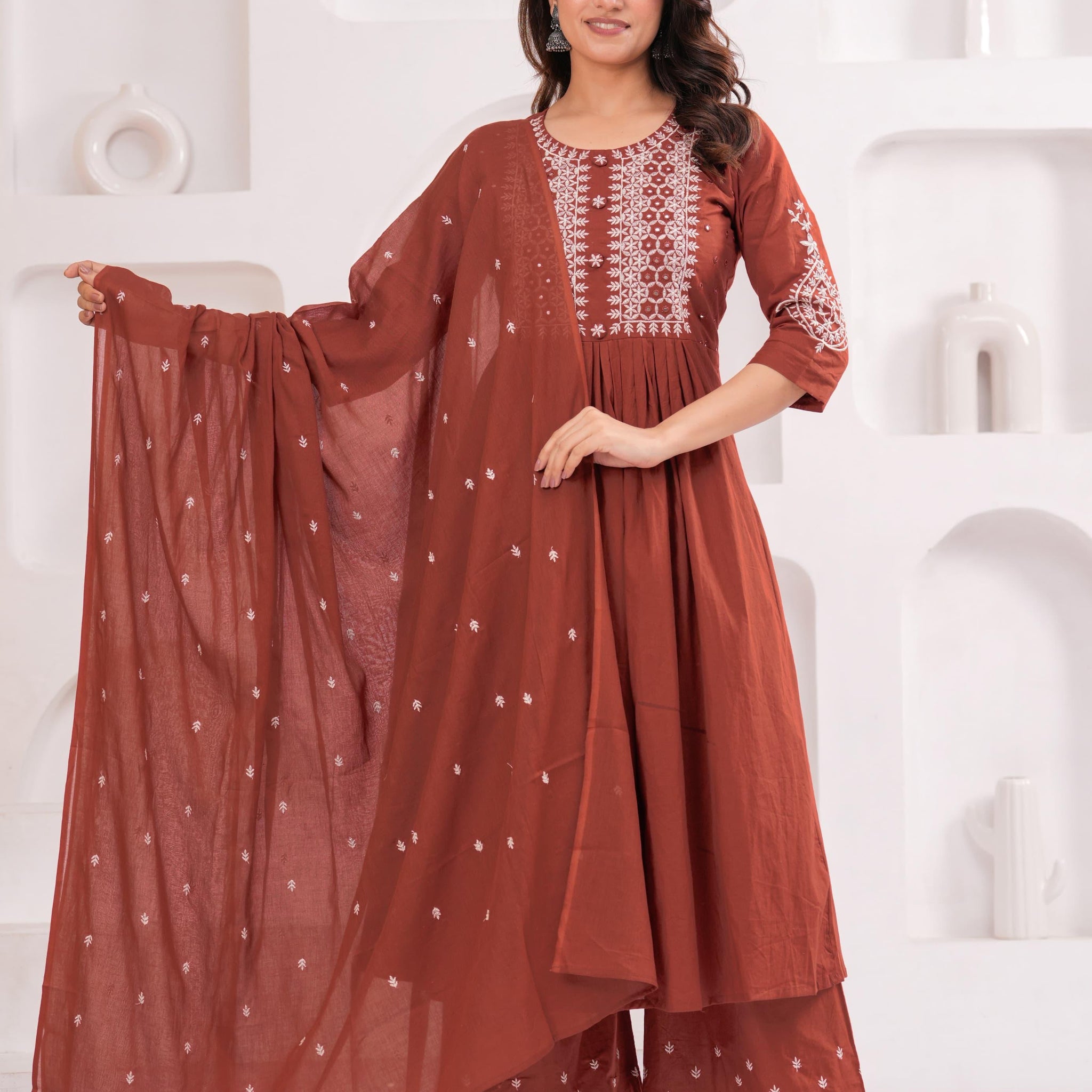 Pure Cotton A-line Dupatta Set With Embroidery Palazzo Pant CS0103